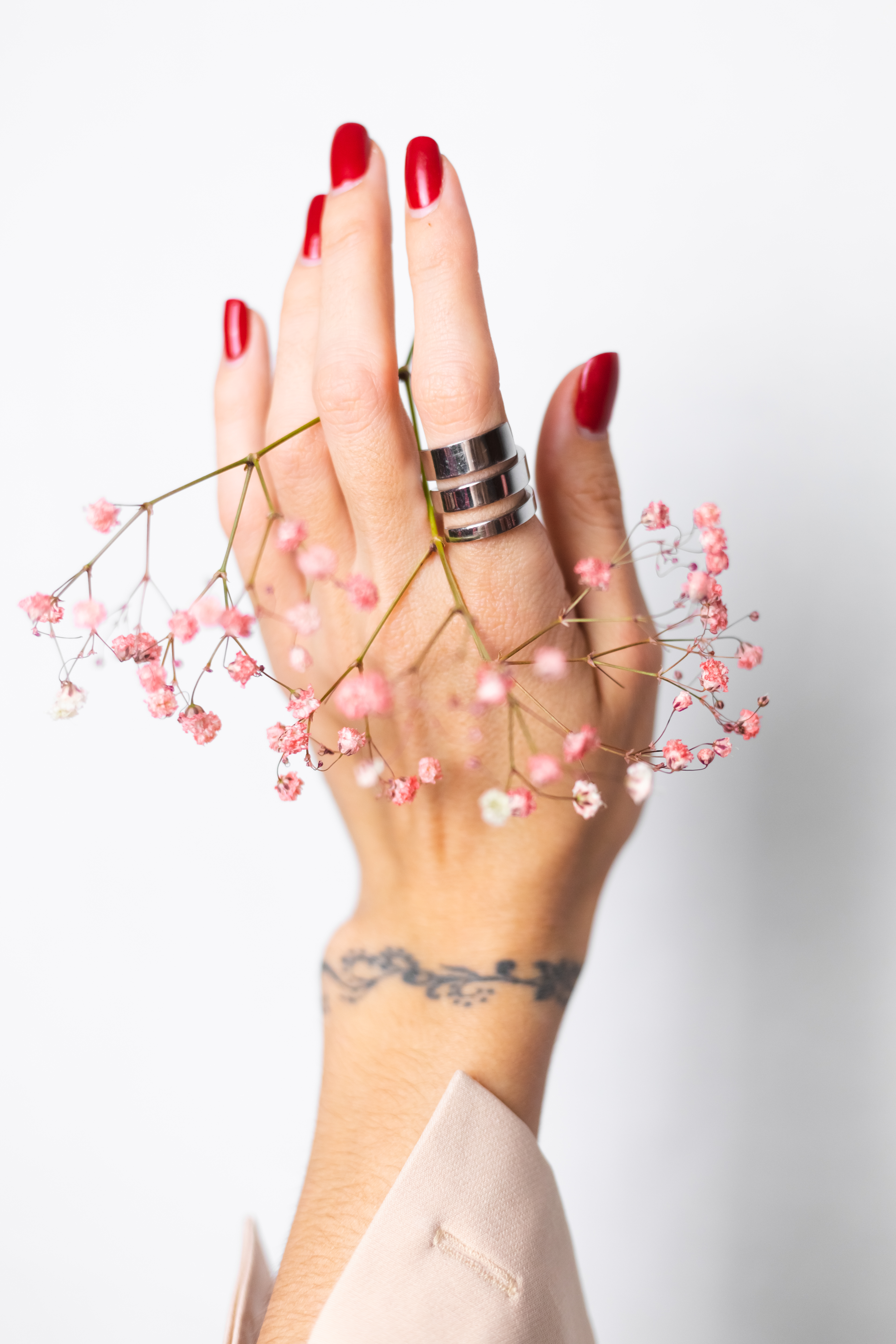 Soft gentle photo of woman hand with big ring red manicure hold cute little pink dried flowers isolated on white background, spring mood.